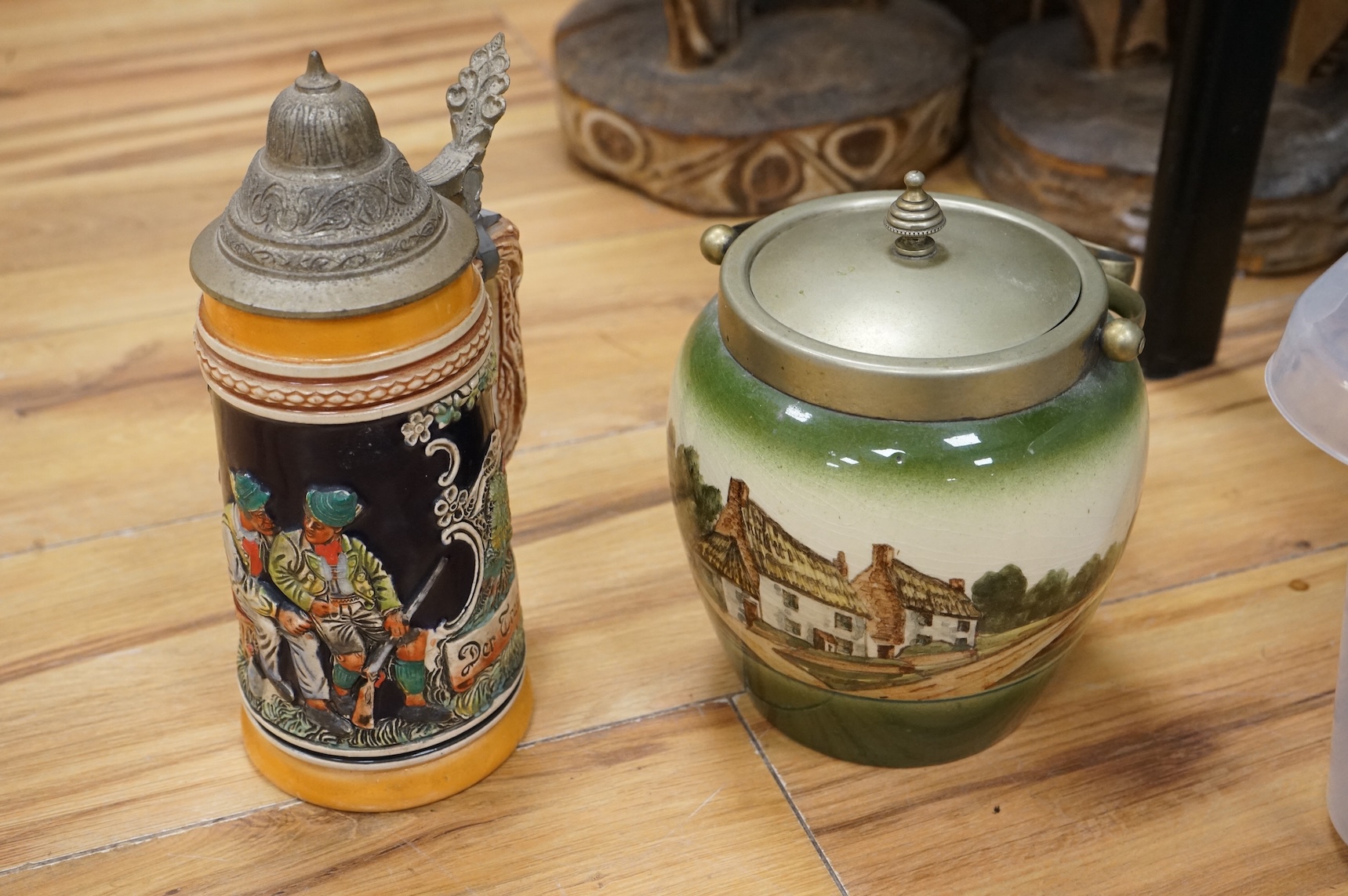 A collection of German ale steins and an Imari seated cat-37cm high